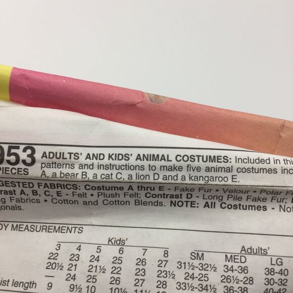 Vintage McCalls Costume 8953 Easy Sew Bunny Bear Cat Lion Kangaroo Size CL 6 7 8 - Picture 4 of 6
